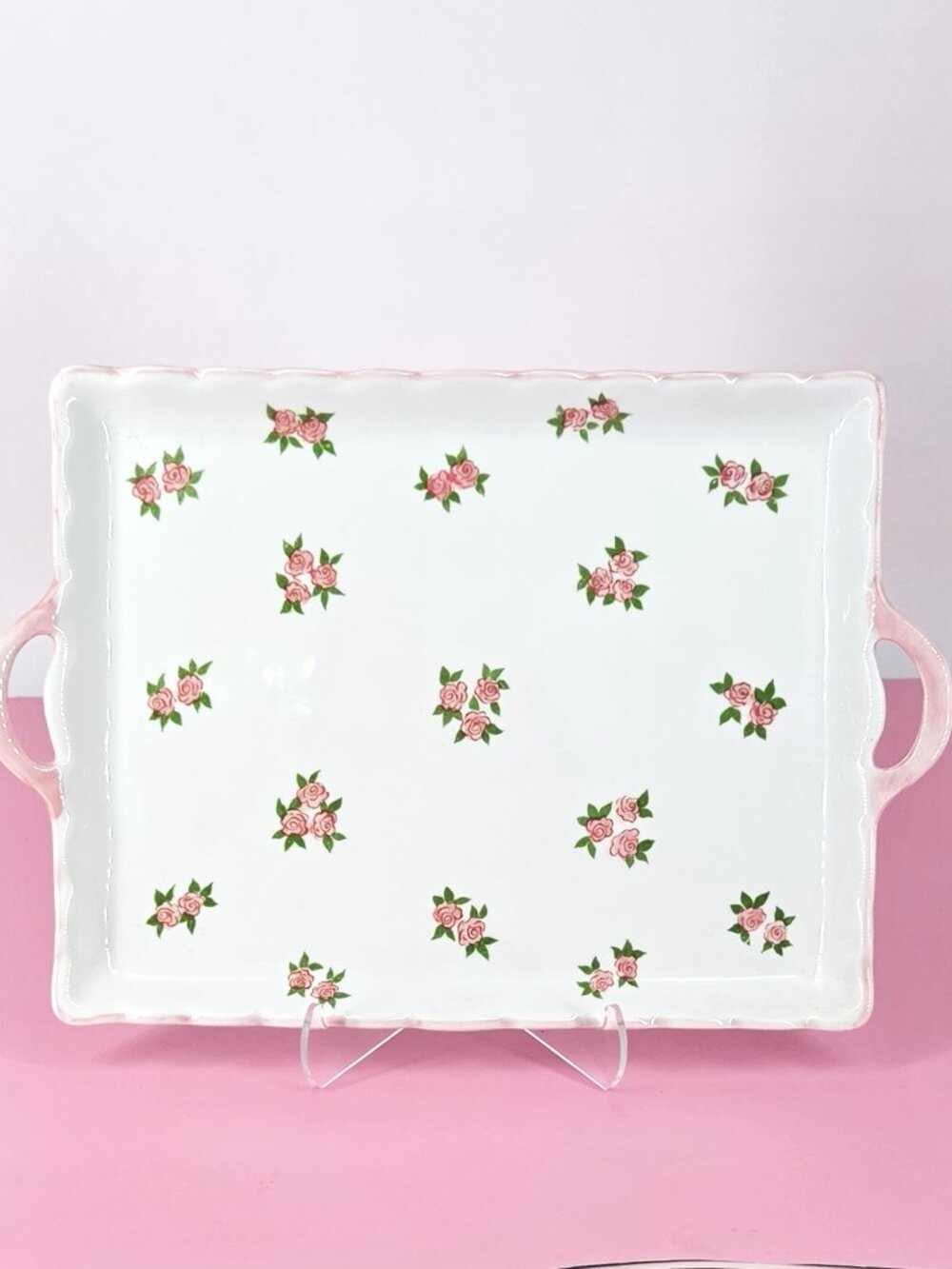 Andrea by Sadek MCM Porcelain Vanity Boudoir Tray Scalloped Rim Pink Roses 12" L